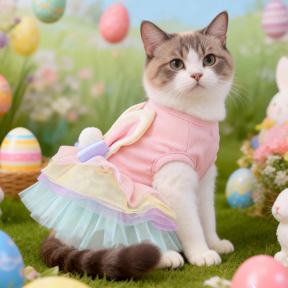 Pink Bunny Ears Dog Dress Spring Girl Puppy Clothes for Small Dog Easter Cat Dress for Cat Funny Tutu Dress Holiday Pet Outfit (Colorful, Medium)