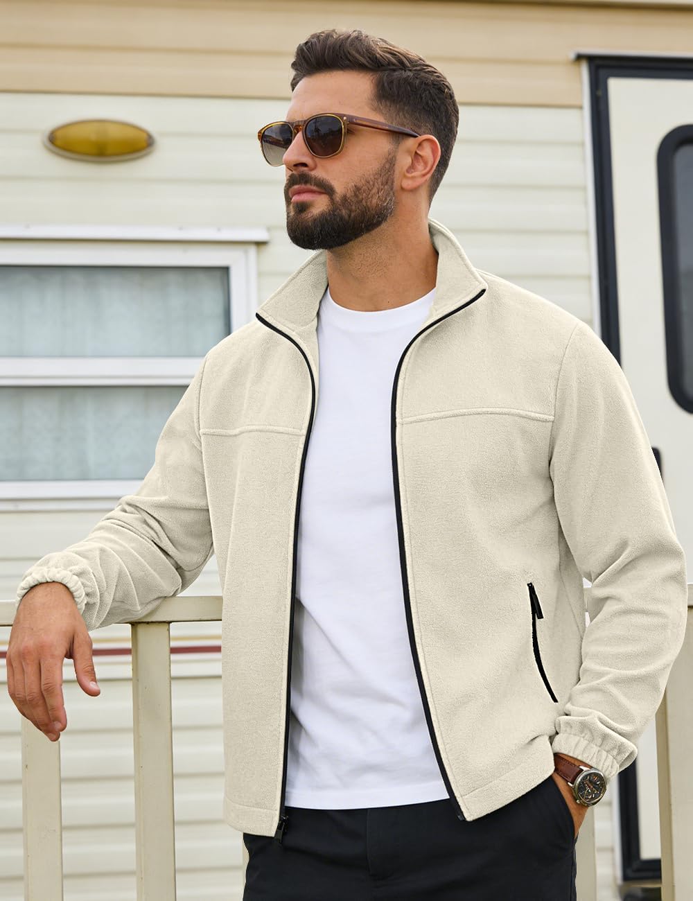 Mens Polar Fleece Jacket Full Zip Lightweight Casual Outdoor Jackets Stand Collar Warm Coats with Pockets