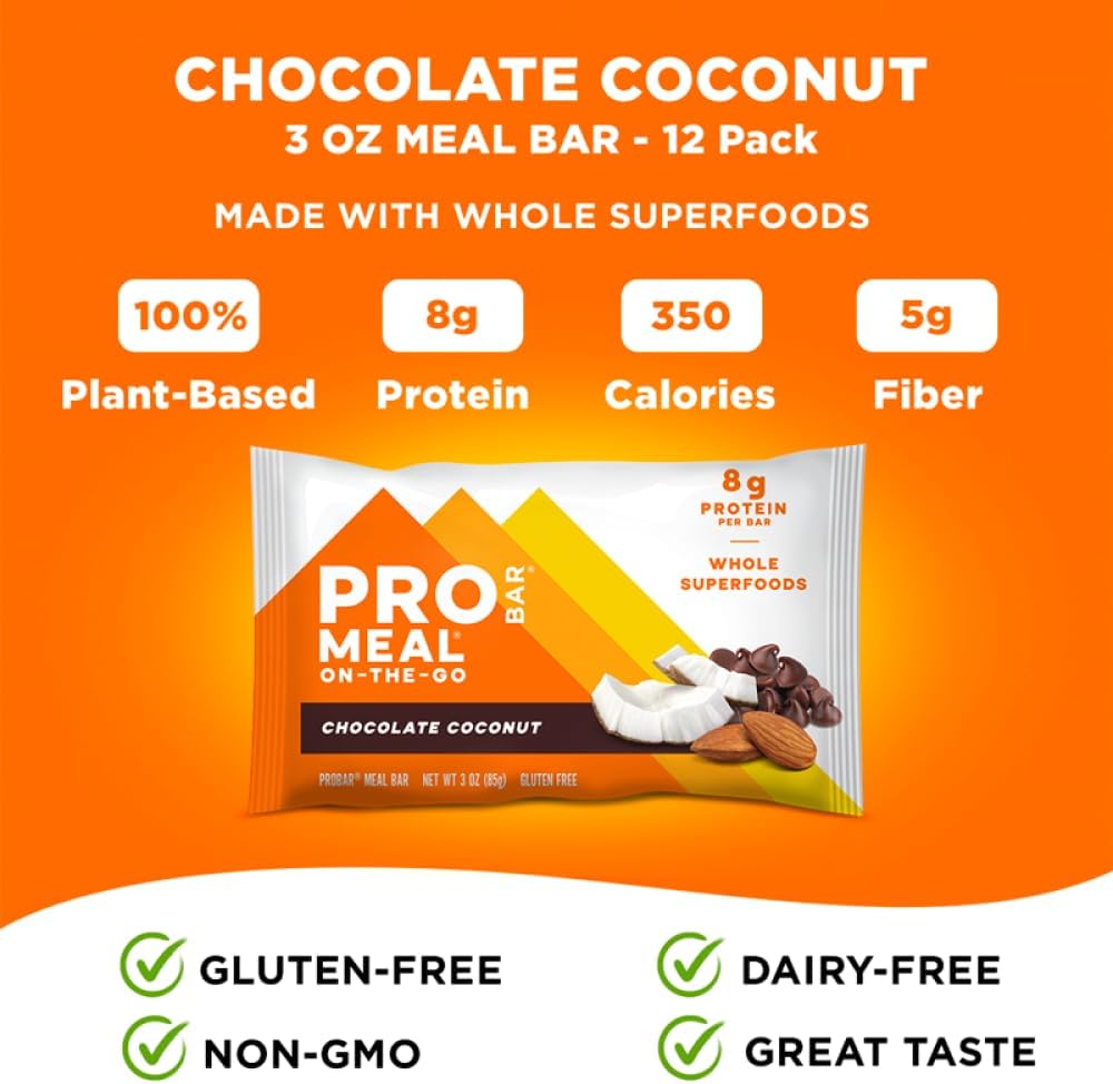 PROBAR MEAL Bar – Plant Based Meal Replacement Bar with Whole Food Ingredients, Oats, Nuts & Seeds, Vegan, Gluten Free, Non-GMO Nutrition Bar for Breakfast, Travel & On-the-Go Energy (Chocolate Coconut, 12 Count)
