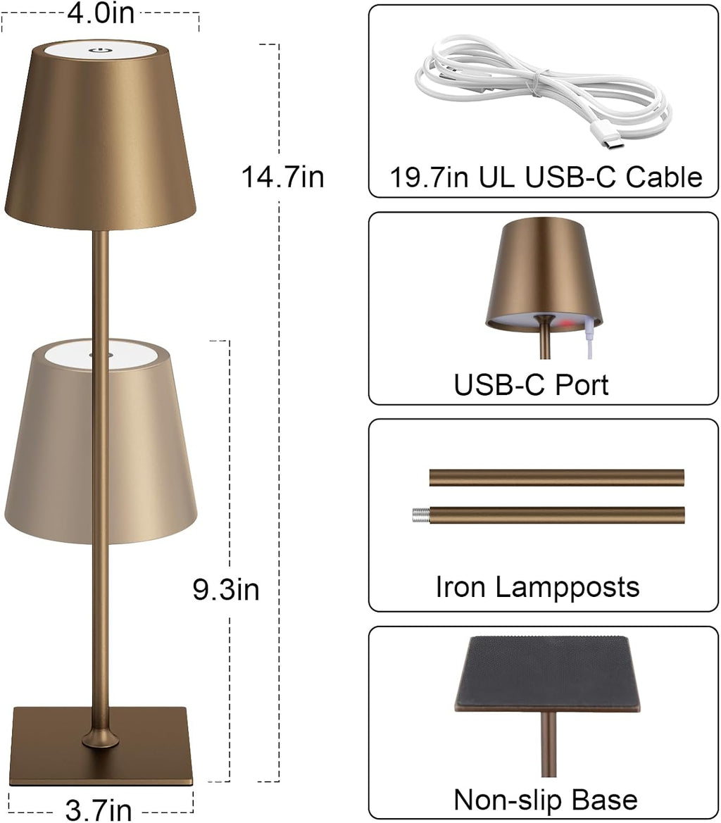 Kakanuo Brown Cordless Rechargeable Table Lamp 5000mAh Battery Operated Lamps, 3 Colors Stepless Dimming Touch Lamp for Living Room, Kitchen Counter, Dining, Outdoor Patio, 2 Pack