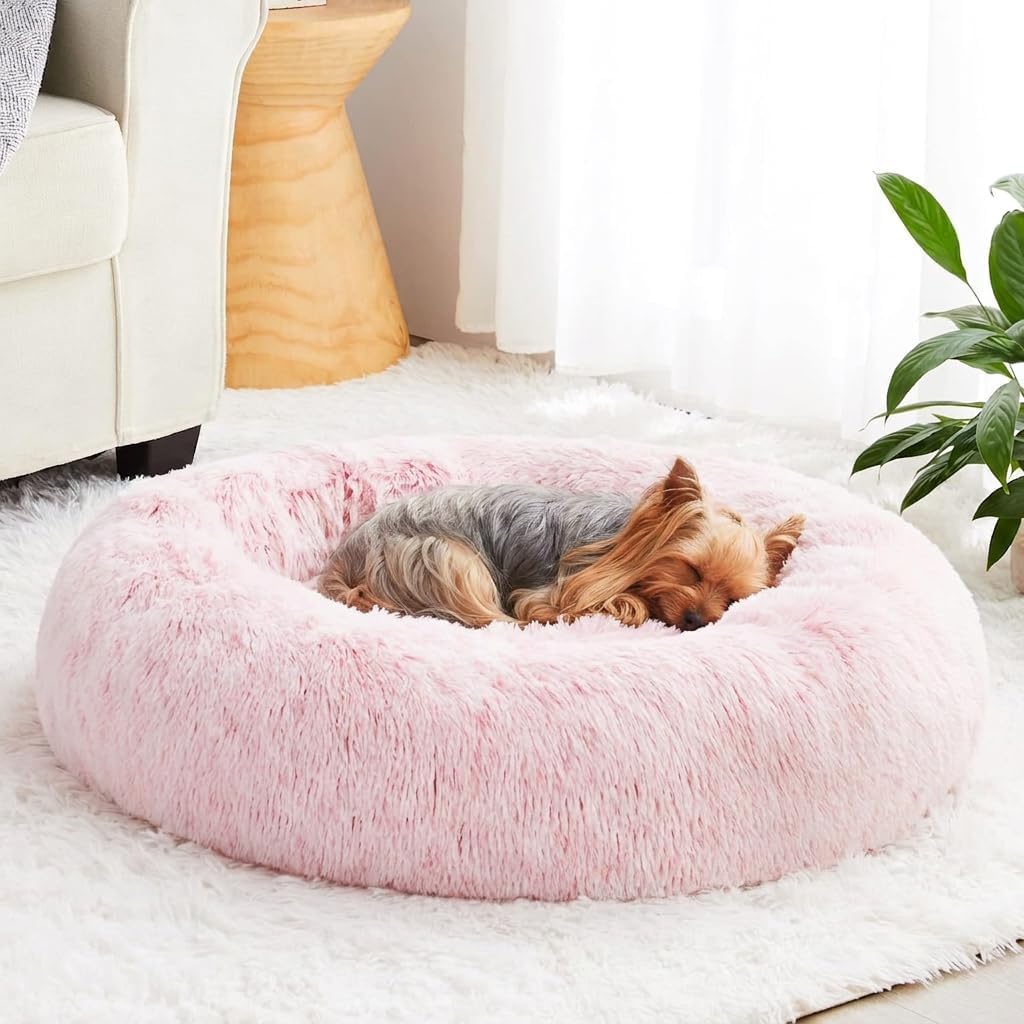 WNPETHOME Small Pink Round Calming Dog Bed Cat Bed for Comfy Sleep