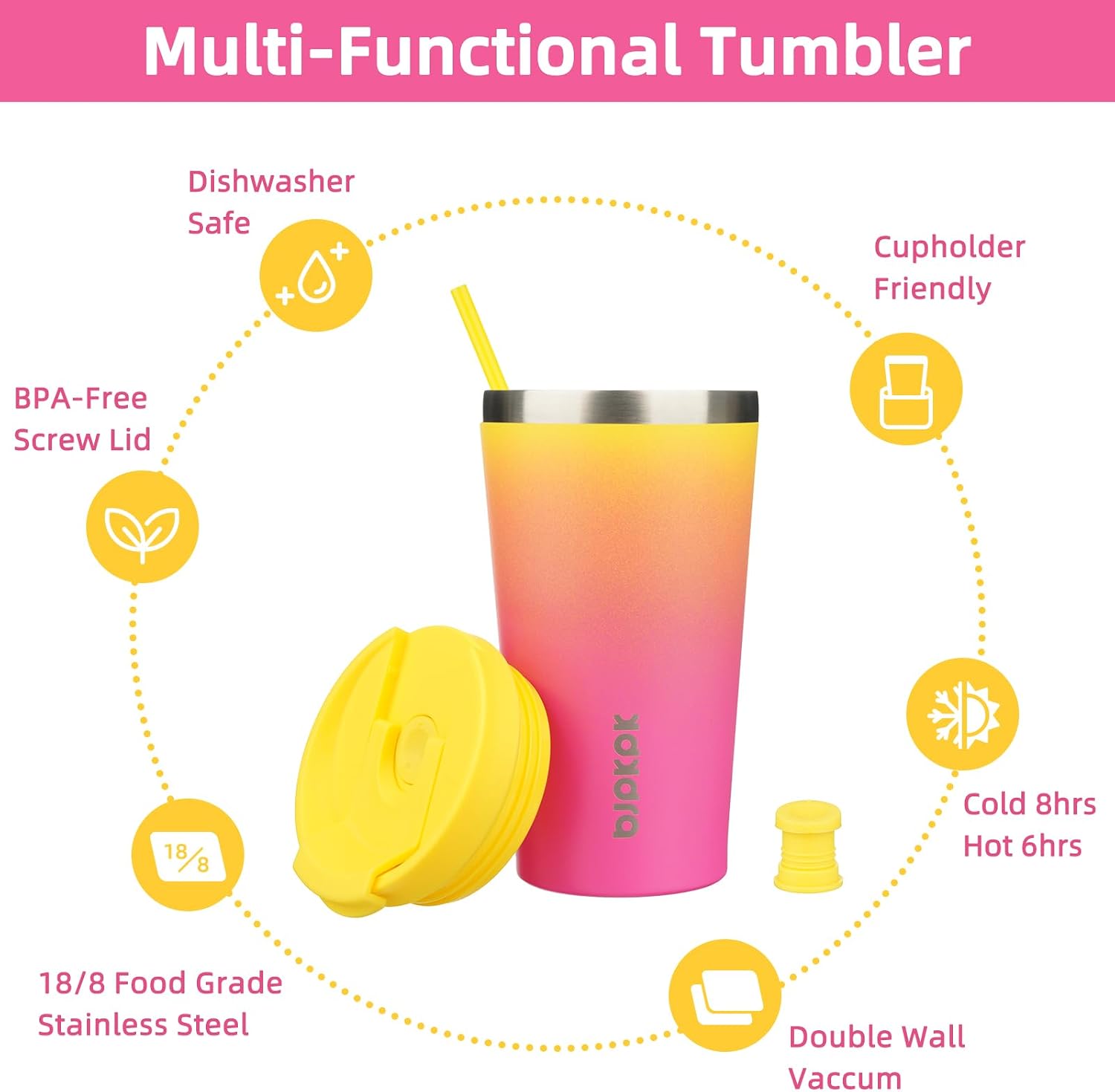 BJPKPK 18 oz Coffee Tumbler with Straw, Insulated Stainless Steel Cup