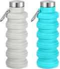 Collapsible Water Bottle, 16oz Portable Reusable Silicone Water Bottle with Carabiner for Gym, Travel, Camping, Hiking, Sports, Lightweight, BPA-Free, Leak-Proof, Foldable Design(Blue+Gray)