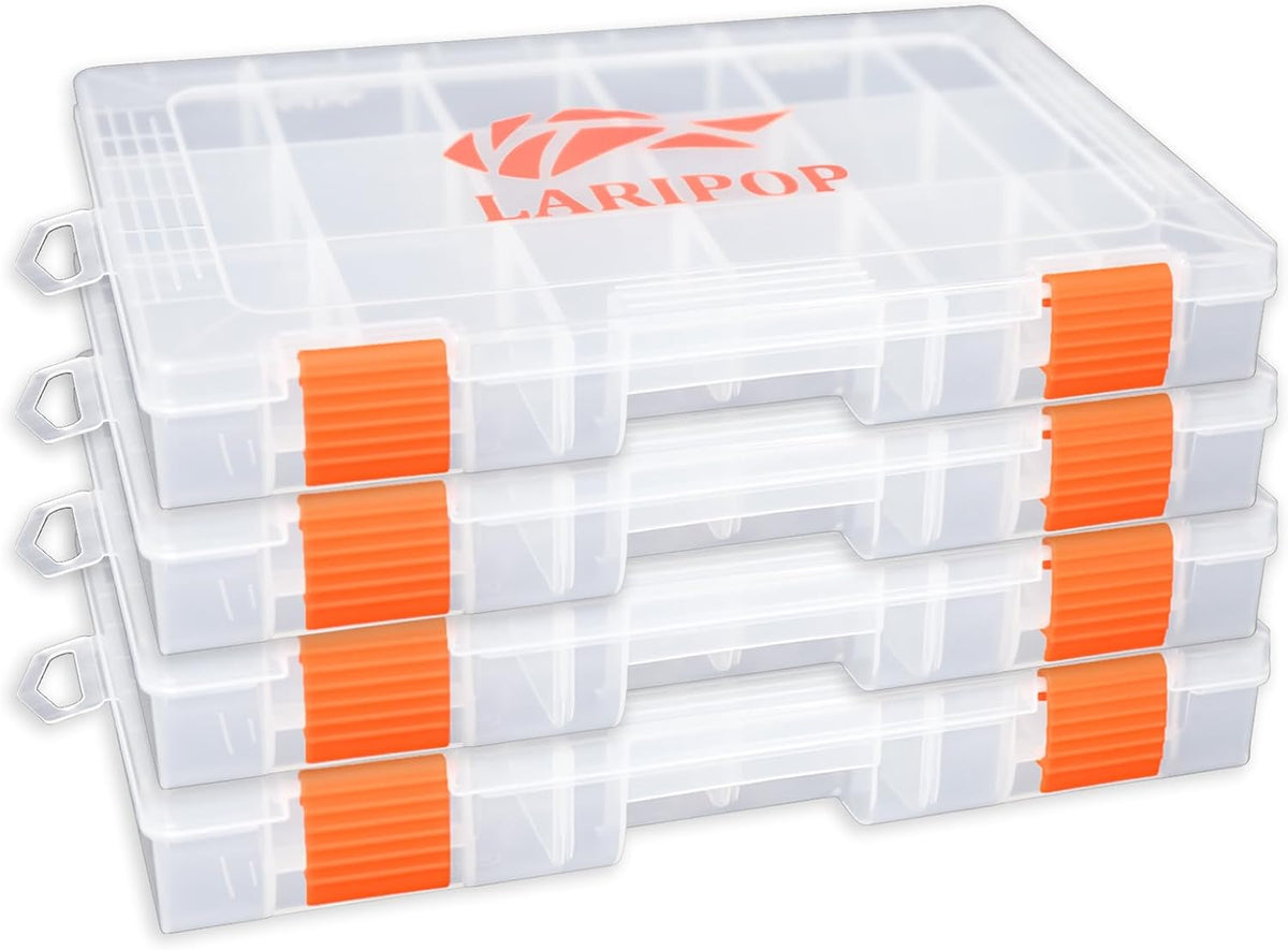 LARIPOP 4-Pack 3600 Fishing Tackle Boxes, Clear Plastic Storage Trays with Adjustable Dividers, Organizer for Lures, Hooks, Sinkers, Jigs & Fishing Accessories