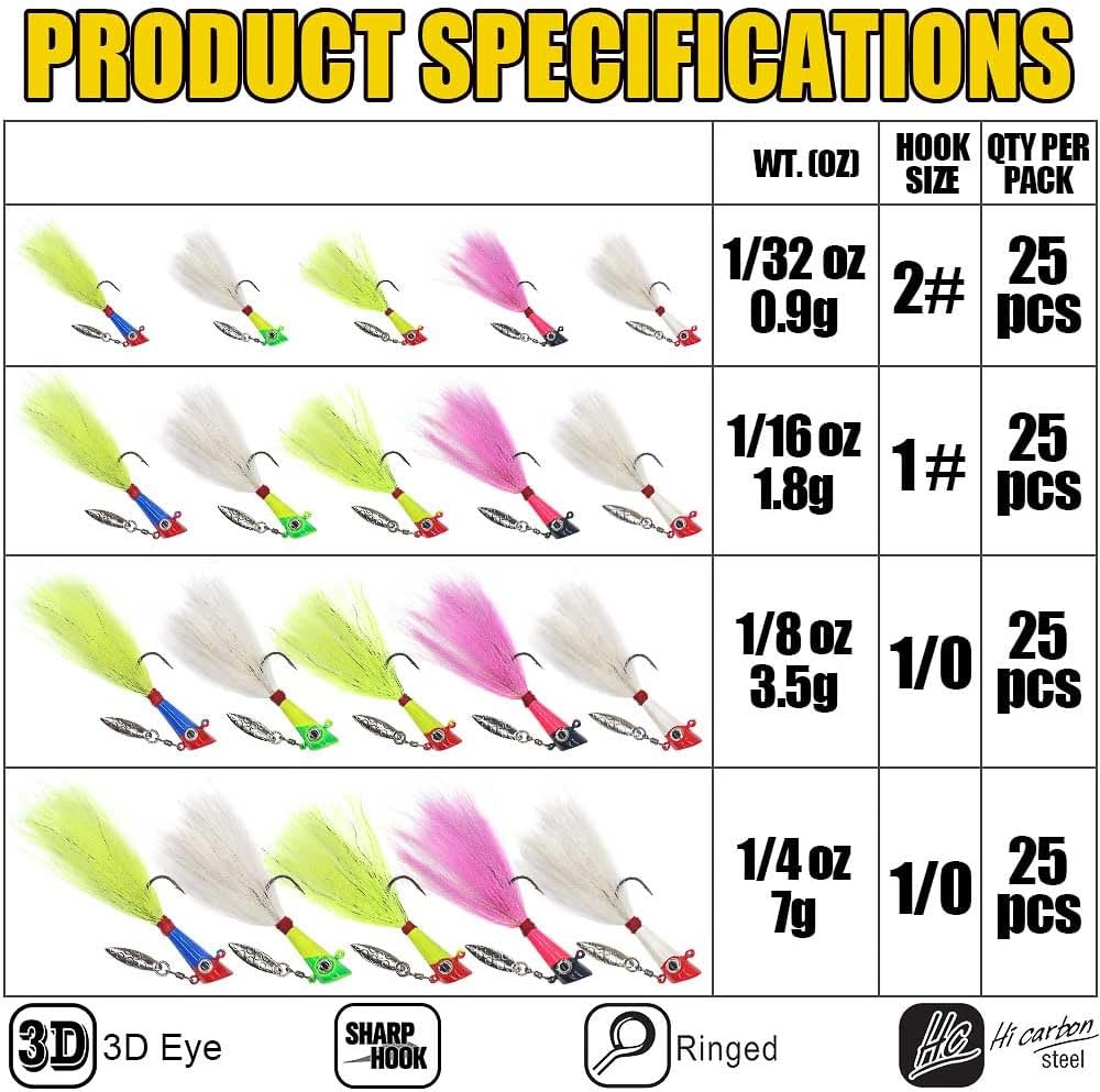 Shad Darts Fishing Lures Dart Head Jig Underspin Bucktail Hair Jigs Head for American Shad Bass Walleye Crappie Panfish 1/16oz 1/8oz 1/32oz 1/4oz 25 Pack