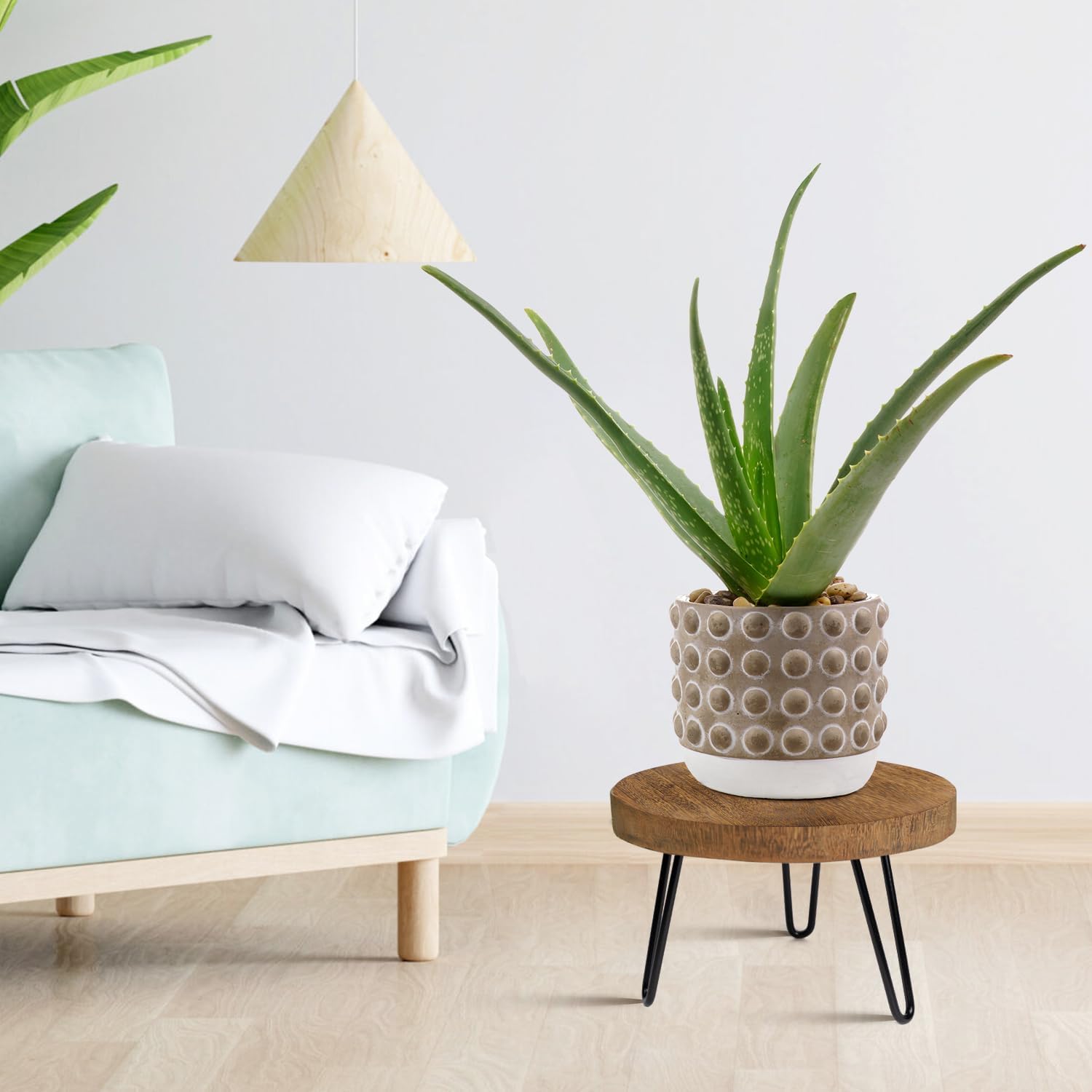 OBTAIN Plant Stand Indoor Outdoor, Wooden plant Stool, Mid Century Plant Stand for Indoor Plants, Wood Modern Plant Holder Rattan Flower, Low Short Boho Rustic Planter Stand Fit 5-15 Inch Pot(M)