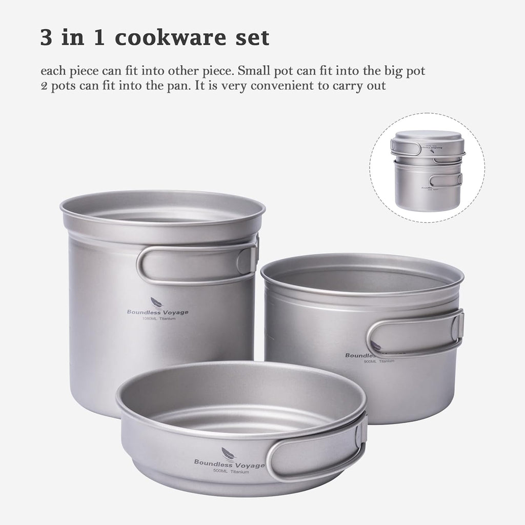 iBasingo Titanium Pot Pan Set with Folding Handle - Ultralight Portable Outdoor Cookware Mess Kit for Camping, Picnic, Travel & Backpacking (1080ml Soup Pot, 900ml Cup, 500ml Frying Pan)