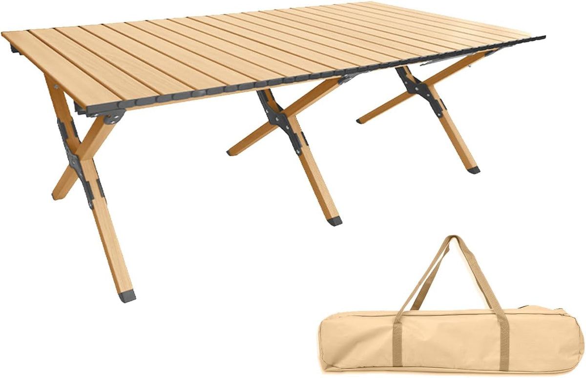 Folding Camping Table, Roll-Up Folding Table with Carry Bag, Portable Aluminum Picnic Table, Low Height Beach Table for Outdoor Use, Travel, BBQ & Hiking, Easy Assembly (Natural)