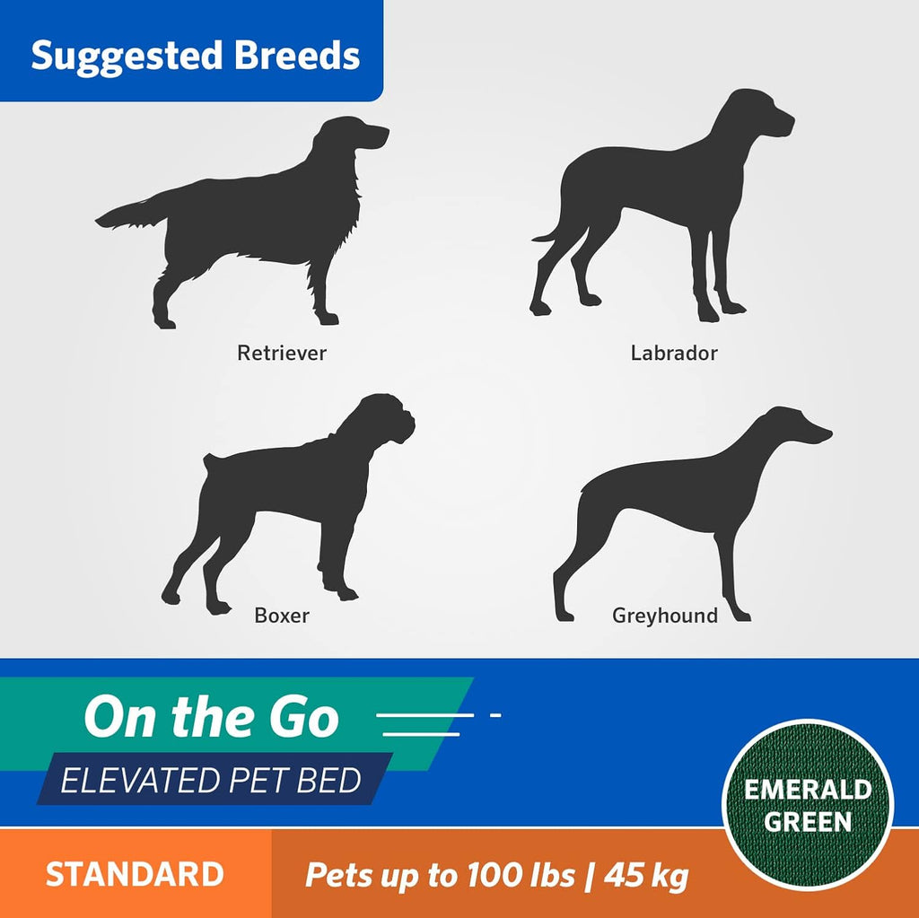 Coolaroo On-The-Go Elevated Dog Bed - Foldable Pop-Up Travel Dog Bed with Breathable, Moisture-Resistant Fabric, Carry Bag Included, Lightweight & Portable, Emerald Green, Large