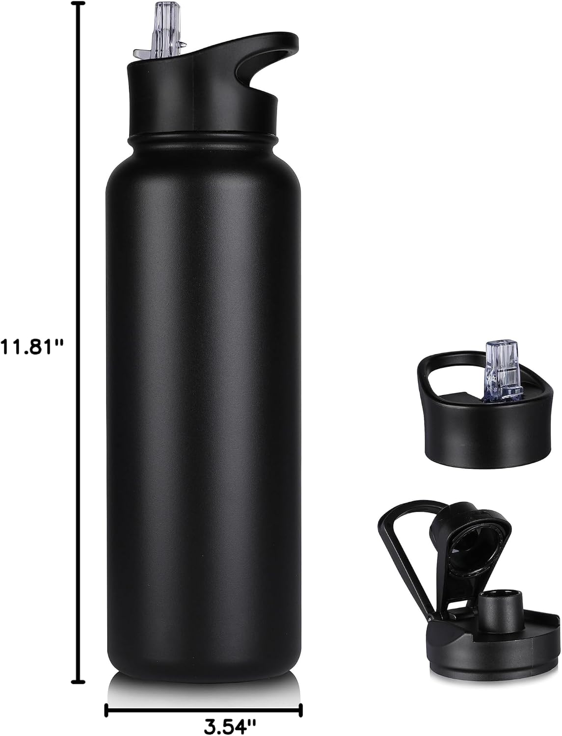 40 oz Insulated Water Bottle with Straw, Stainless Steel Sports Water Bottles with 2 Lids (Straw and Wide Mouth lid), Double Wall Vacuum, Leakproof, BPA-Free, Black