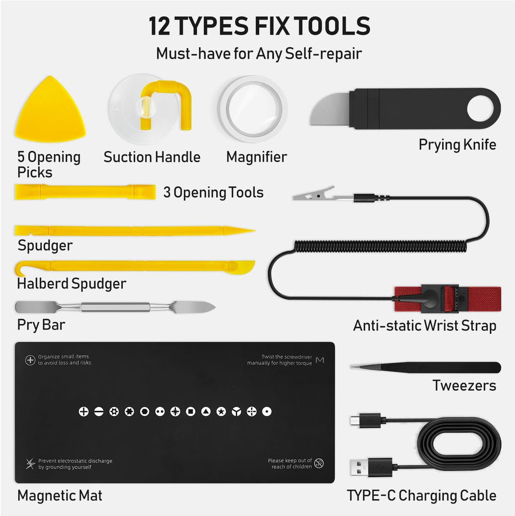 ZOE Precision Electric Screwdriver Set with LED Light, 5 Torque (0.15-0.6N·m), 500mAh USB-C,42 S2 Steel Bits，12 Type Fix Tools,Repair Kit for Laptop/Camera/Electronics