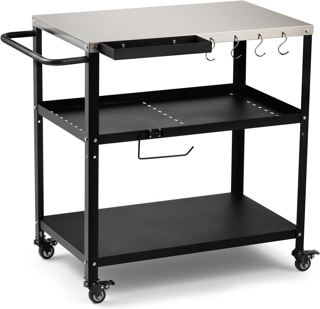 Outdoor Grill Cart Table, Pizza Oven Stand with Casters, Black