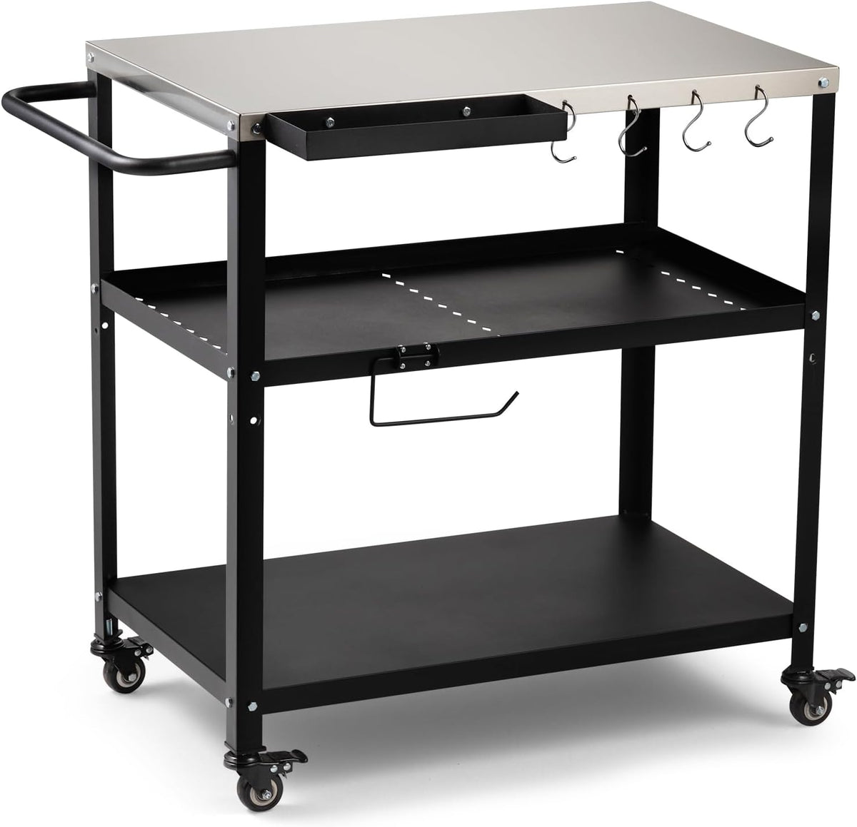 Outdoor Grill Cart Table, Pizza Oven Stand with Casters, Black
