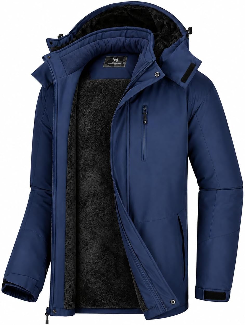 CAMELSPORTS Mens Winter Jacket Waterproof Warm Snow Ski Jackets Faux Fur Fleece Rain Coats with Removable Hood