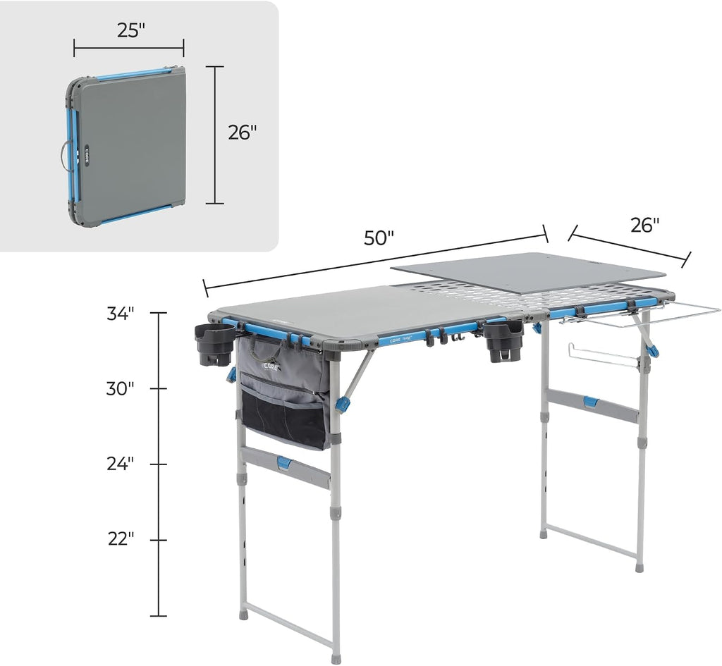 CORE Outdoor Cook Table | 4 Foot Table with Adjustable Height and Storage for Cooking Accessories | Foldable & Portable for Beach, Picnic, Backyards, BBQ, Tailgate, Patio and Party
