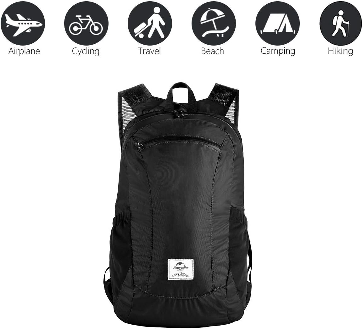 Naturehike 18L Lightweight Hiking Backpack, Waterproof Camping Packable Backpack Ultralight for Travel, Airplane, Small Hiking Daypack for Adults, Black