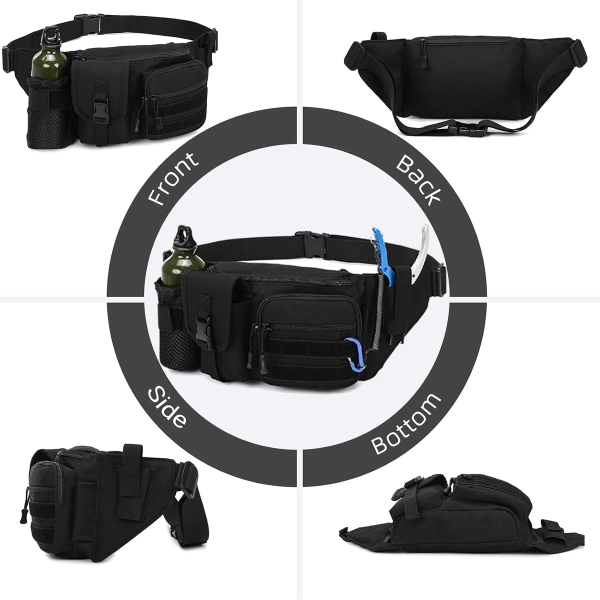 Tactical Fanny Pack For Men, Military Waist Bag Adjustable Hip Belt BumBag EDC Bags for Outdoor Fishing Hiking Hunting with Bottle Holder Pouch and US Flag Patch (Black)
