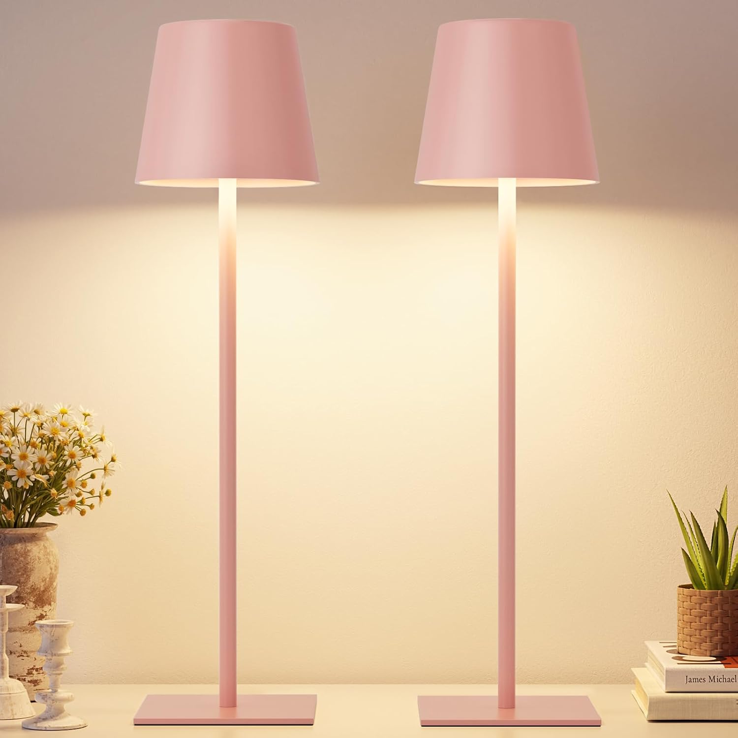 Kakanuo Pink Cordless Rechargeable Table Lamp, 2 Pack Portable Desk Lamp with 5000mAh Battery, Touch Control Stepless Dimming, Wireless Night Light for Dining, Outdoor Camping