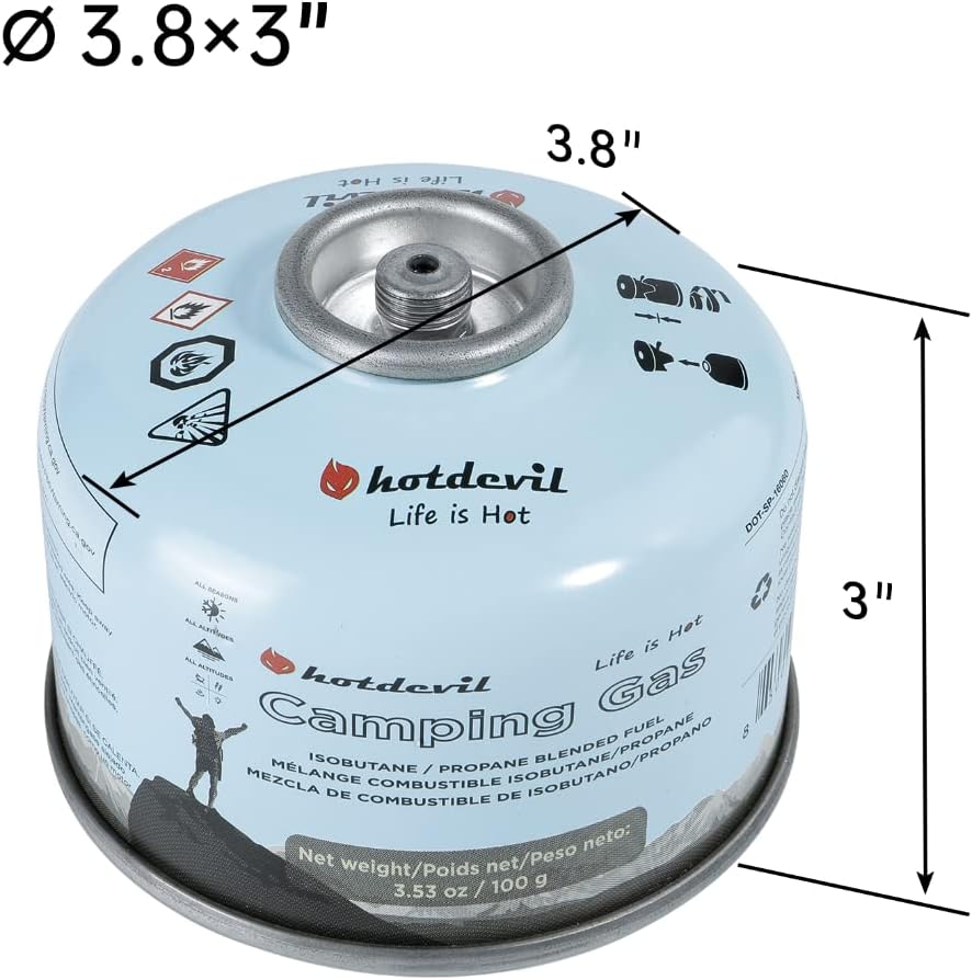 Hotdevil Isobutane Fuel Canister 100 Gram Camping Stove Fuel Butane Propane Blend Camping Fuel Gas Canister Backpacking Fuel Light-weight Compact Camping Fuel Mini Propane Tanks Camp Stove Fuel 3.53oz