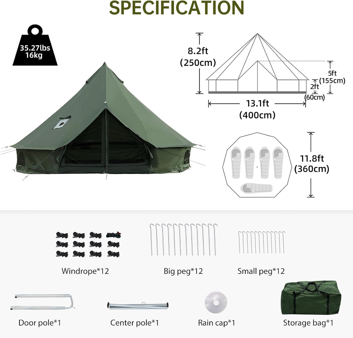 Bell Tent with Stove Jack, 13.1/16.4ft 4 Season Yurt Tent
