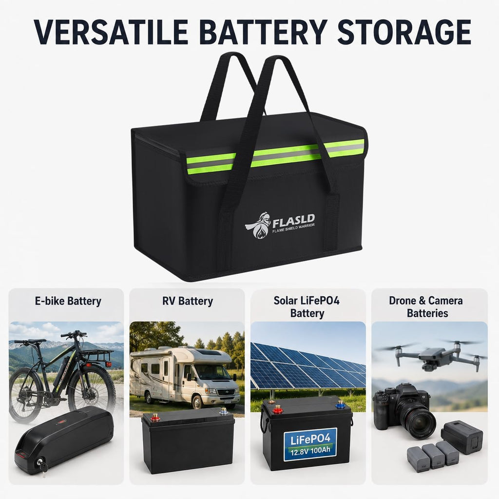 FLASLD Large Fireproof Lipo Bag for 100Ah Lithium Battery Storage and Charging, 14 x 7.8 x 9.5in Waterproof Box for Documents and Valuables