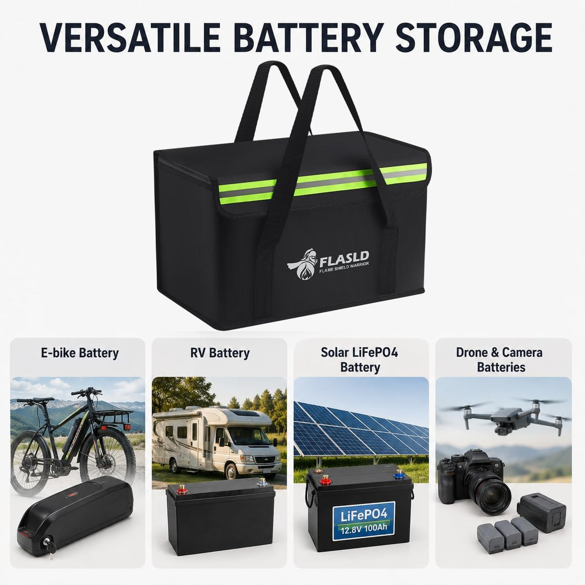 FLASLD Large Fireproof Lipo Bag for 100Ah Lithium Battery Storage and Charging, 14 x 7.8 x 9.5in Waterproof Box for Documents and Valuables