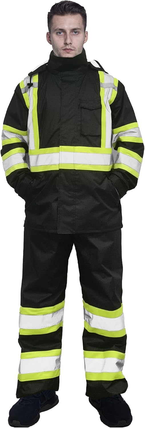 sesafety Hi Vis Rain Jacket, Rain Suits for Men Waterproof withBlack Bottom