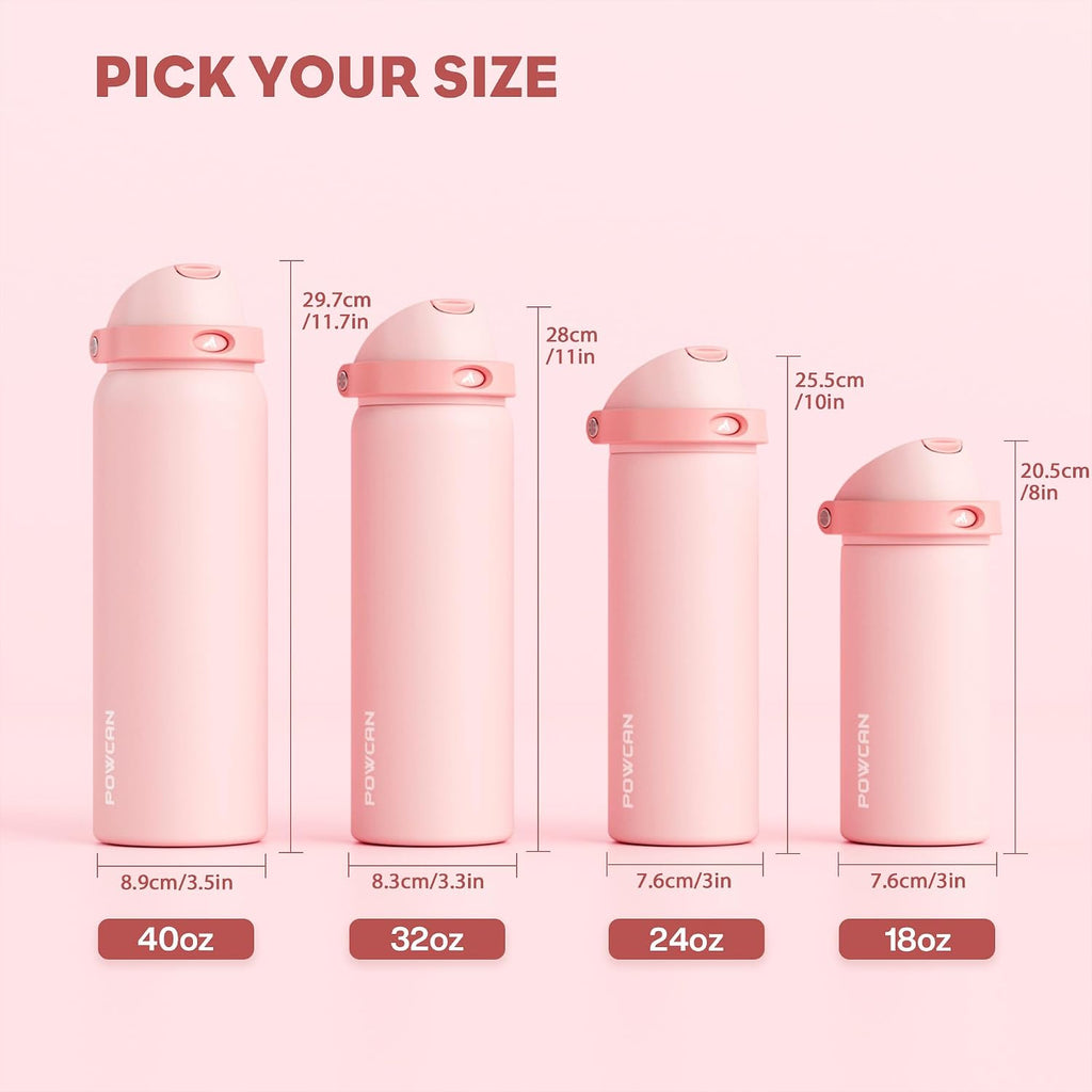 POWCAN 40 oz Insulated Water Bottle: 2-in-1 Push-Button Spout & Quick-Flip Straw, Leakproof, Cold 24Hrs, Fits Car Cup Holder, Stainless Steel Water Bottle for Sports, Travel, School (Cotton Candy)