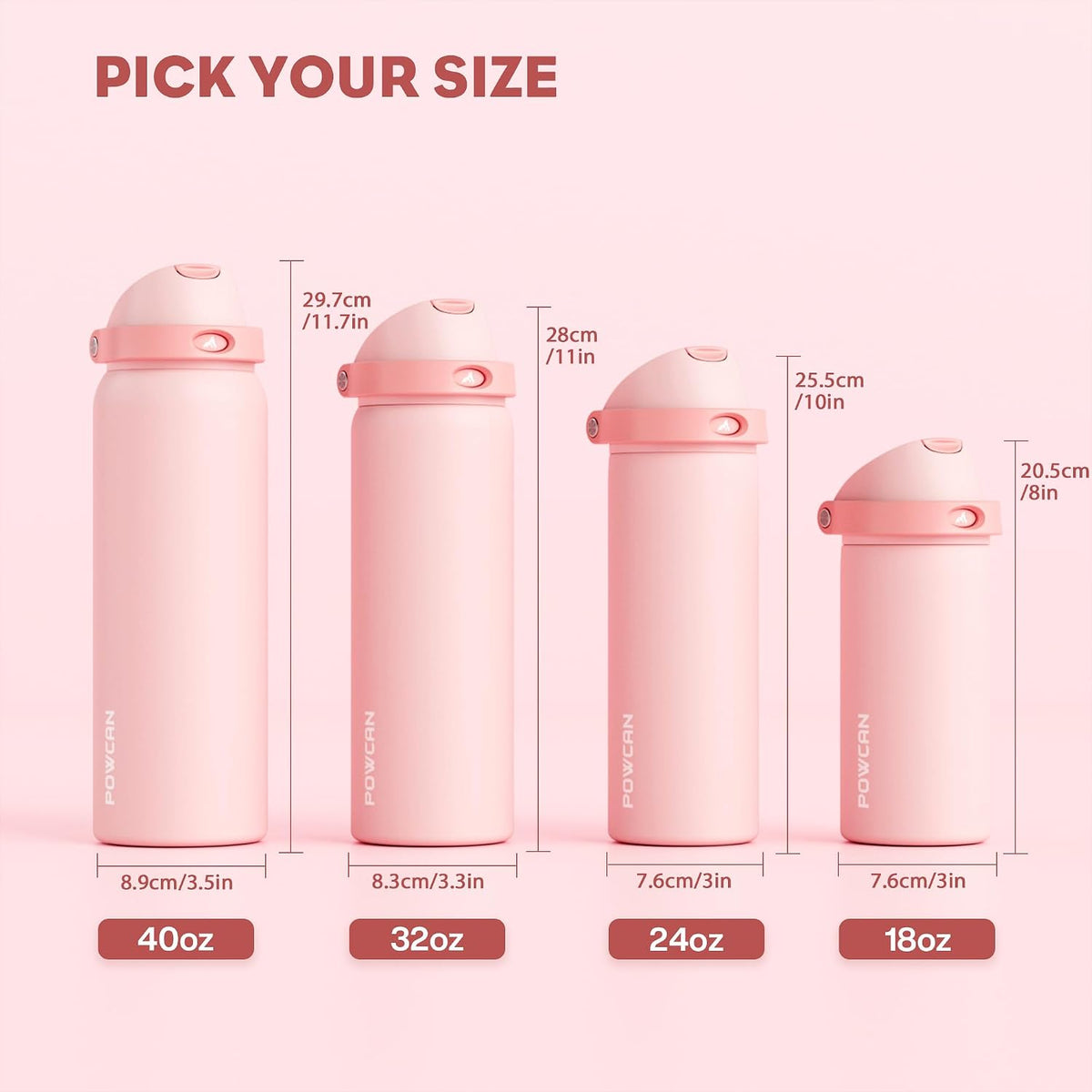 POWCAN 40 oz Insulated Water Bottle: 2-in-1 Push-Button Spout & Quick-Flip Straw, Leakproof, Cold 24Hrs, Fits Car Cup Holder, Stainless Steel Water Bottle for Sports, Travel, School (Cotton Candy)