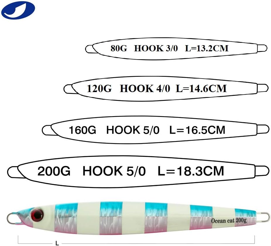 OCEAN CAT 1 PC Slow Fall Pitch Fishing Lures Sinking Lead Metal Flat Jigs Jigging Baits with Hook for Saltwater Fishing 4 Colors 160G/200G