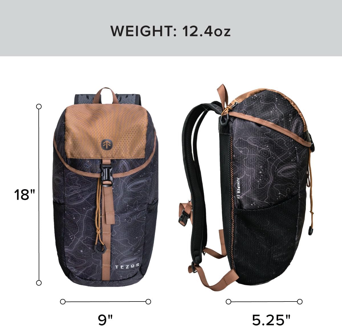 Tezos Juniper Daypack, Lightweight Hiking Backpack and Hydration Pack for Camping, Travel, Biking, and the Outdoors, 16 Liter (Black Topo)