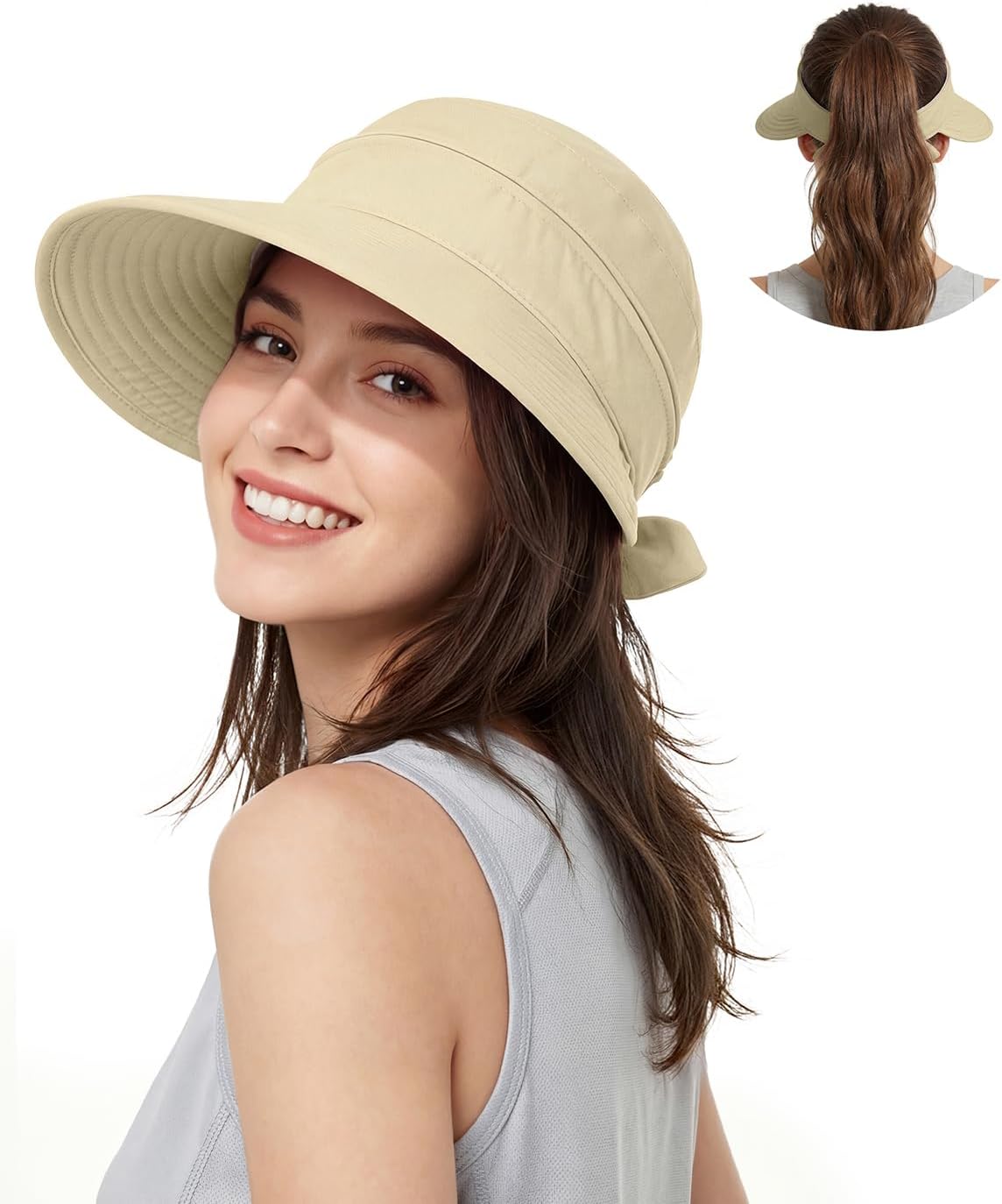 Century Star Sun Hat for Women Wide Brim Zip-Off Beach Hat Visor Ponytail UV Protection Summer Visors