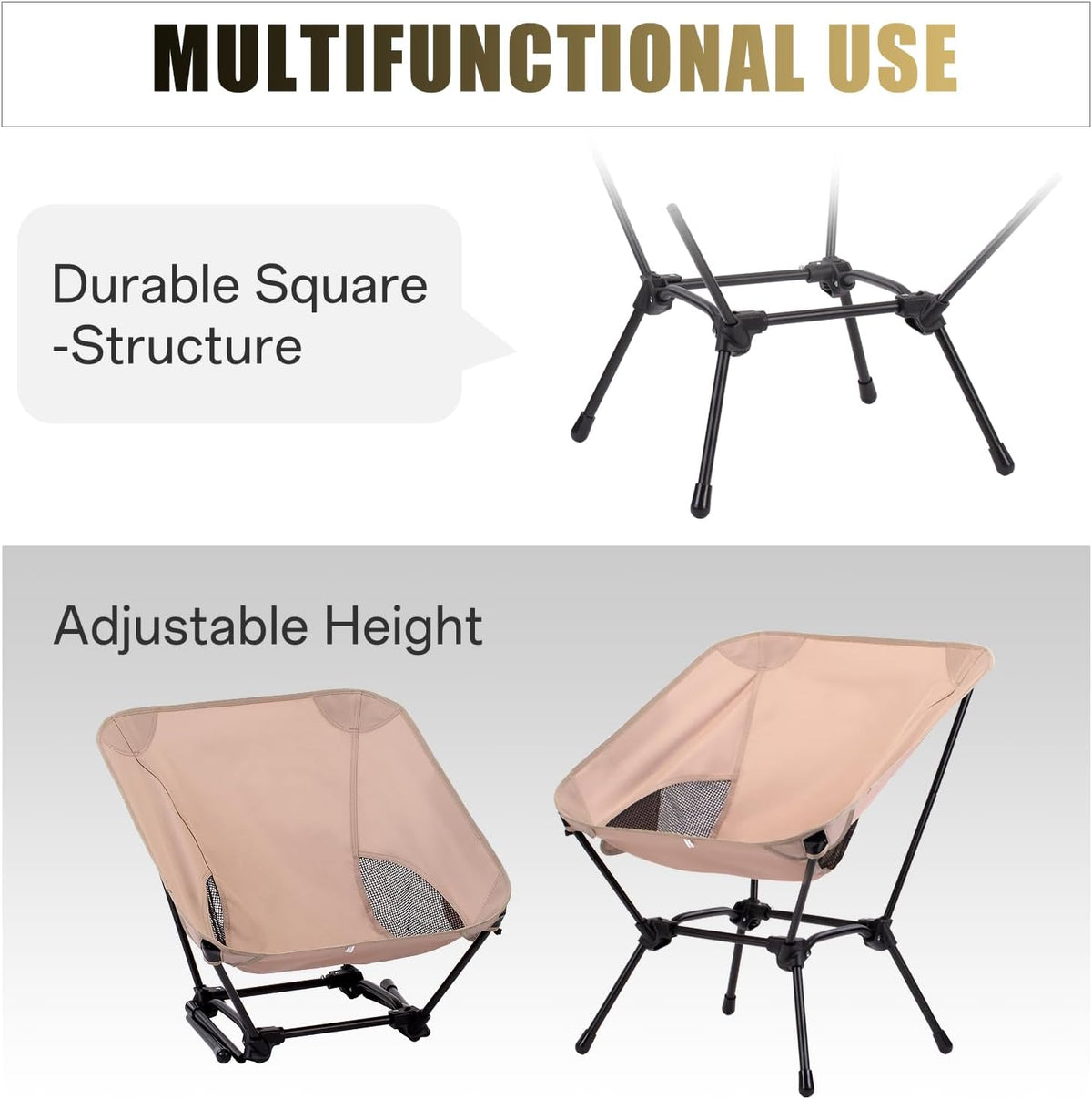 Low Back Camping Chair for Outdoor, 2-in-1 Height Adjustable, Heavy Duty