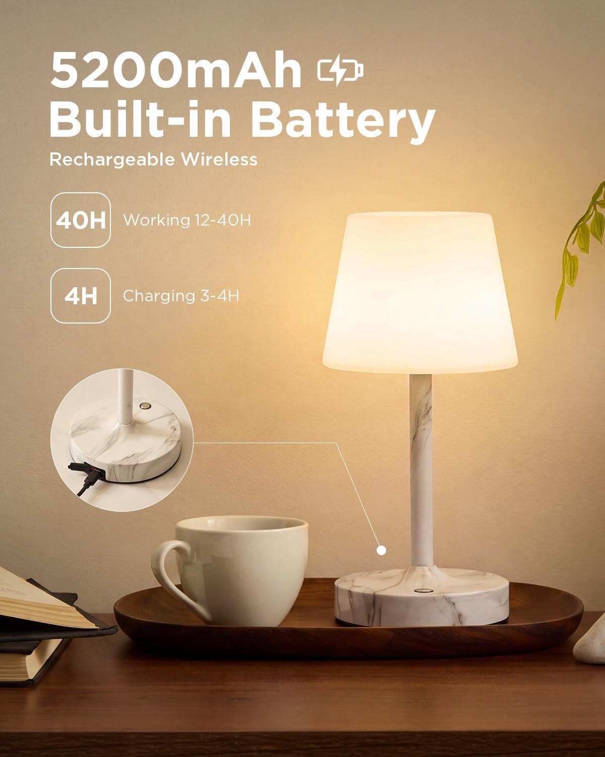 IP65 Waterproof Rechargeable Shower Lamp, Cordless Bathroom Touch Lamps