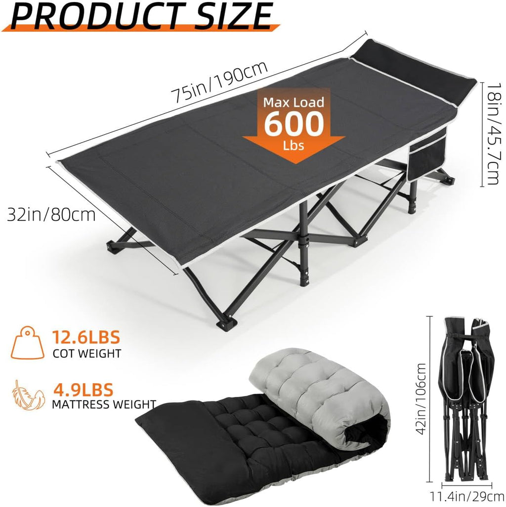 Fragess Portable Camping Cot, 32" Extra Wide Camping Cots for Adults with Thick Mattress, Heavy Duty Sleeping Cot Holds Up to 600LBS, Cots for Sleeping, Rv, Beach, Patio, Office Naps(Black)