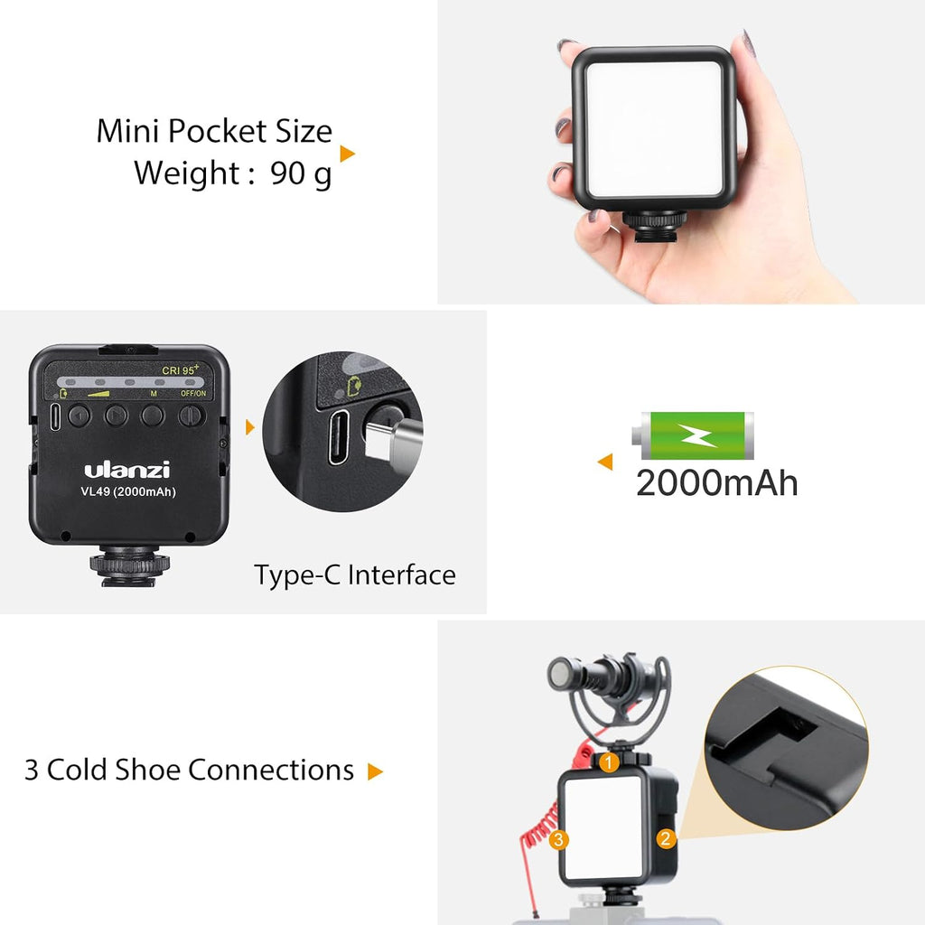 Ulanzi VL49 On-Camera LED Video Fill Light, 5500K 2000mAh Rechargeable