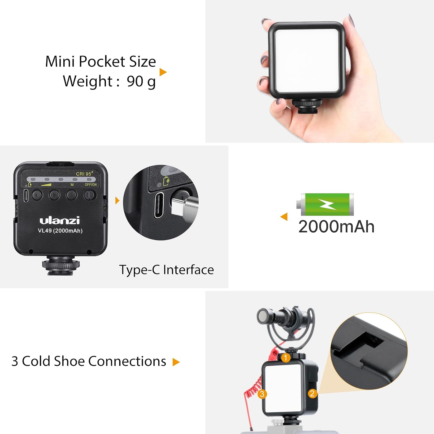 Ulanzi VL49 On-Camera LED Video Fill Light, 5500K 2000mAh Rechargeable