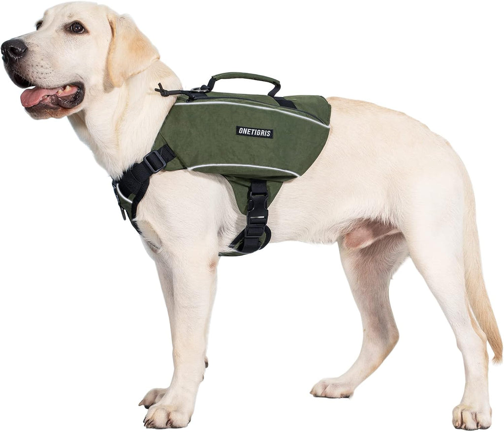 ONETIGRIS Y-Shaped Dog Backpack with Handle, Pockets & No Pull D-Rings, Lightweight Hiking Gear for Dogs Hunting Camping Travel (Medium, Green)