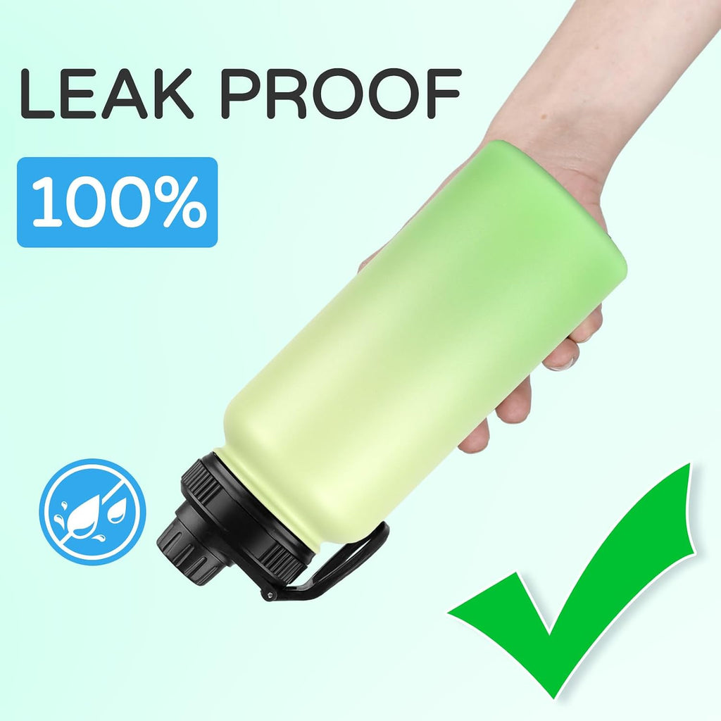 DOMICARE 32 oz Insulated Water Bottle, Vacuum Insulated Stainless Steel Sports Water Bottle with Straw Lid & Spout Lid, Leakproof, Reusable - Travel, Camping, Bike, Green Gradient