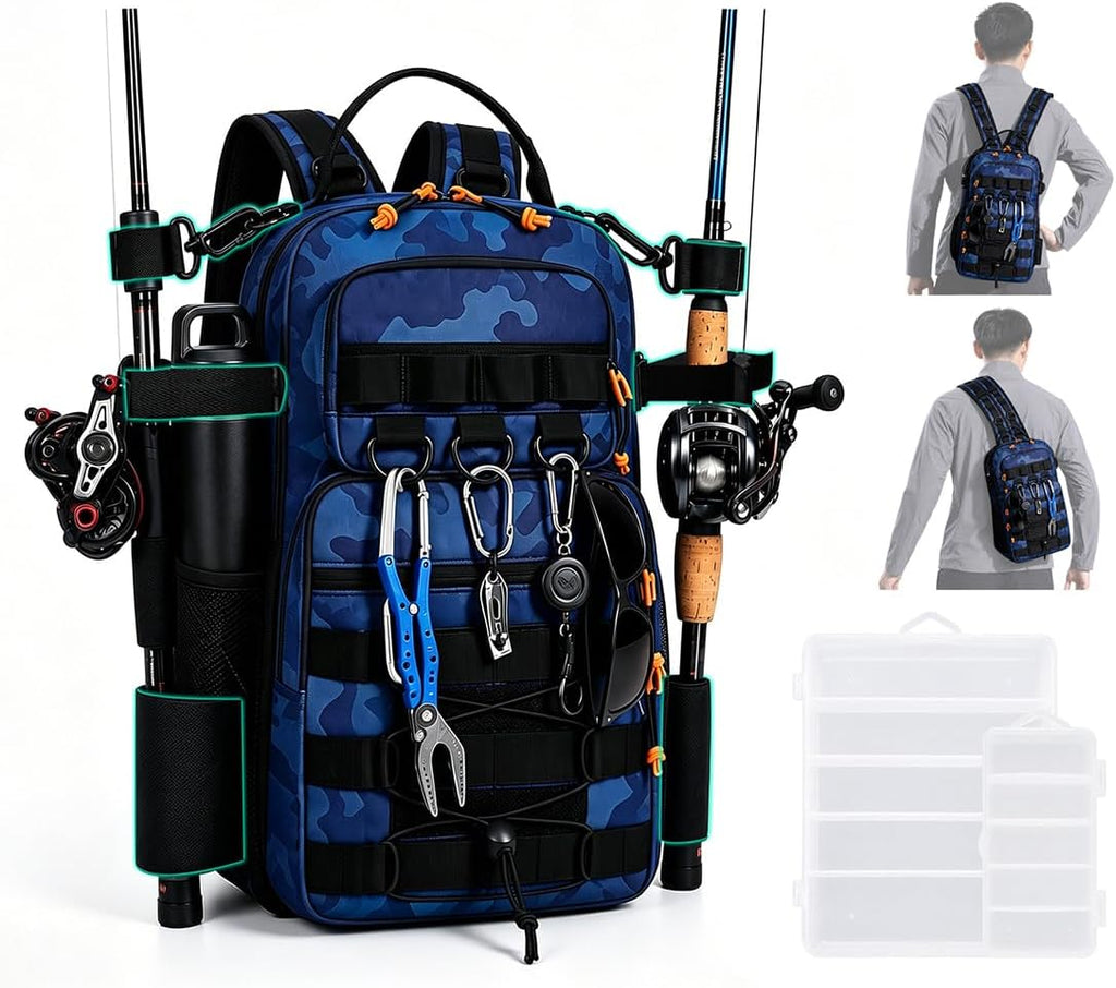 2 in 1 Compact Tactical Fishing Backpack with Tackle Boxes, Lightweight Waterproof Tackle Bag Fit 2 * 3600 Tackle Boxes, 2 Rod Holders Storage, Fishing Accessories Gift for Men Blue