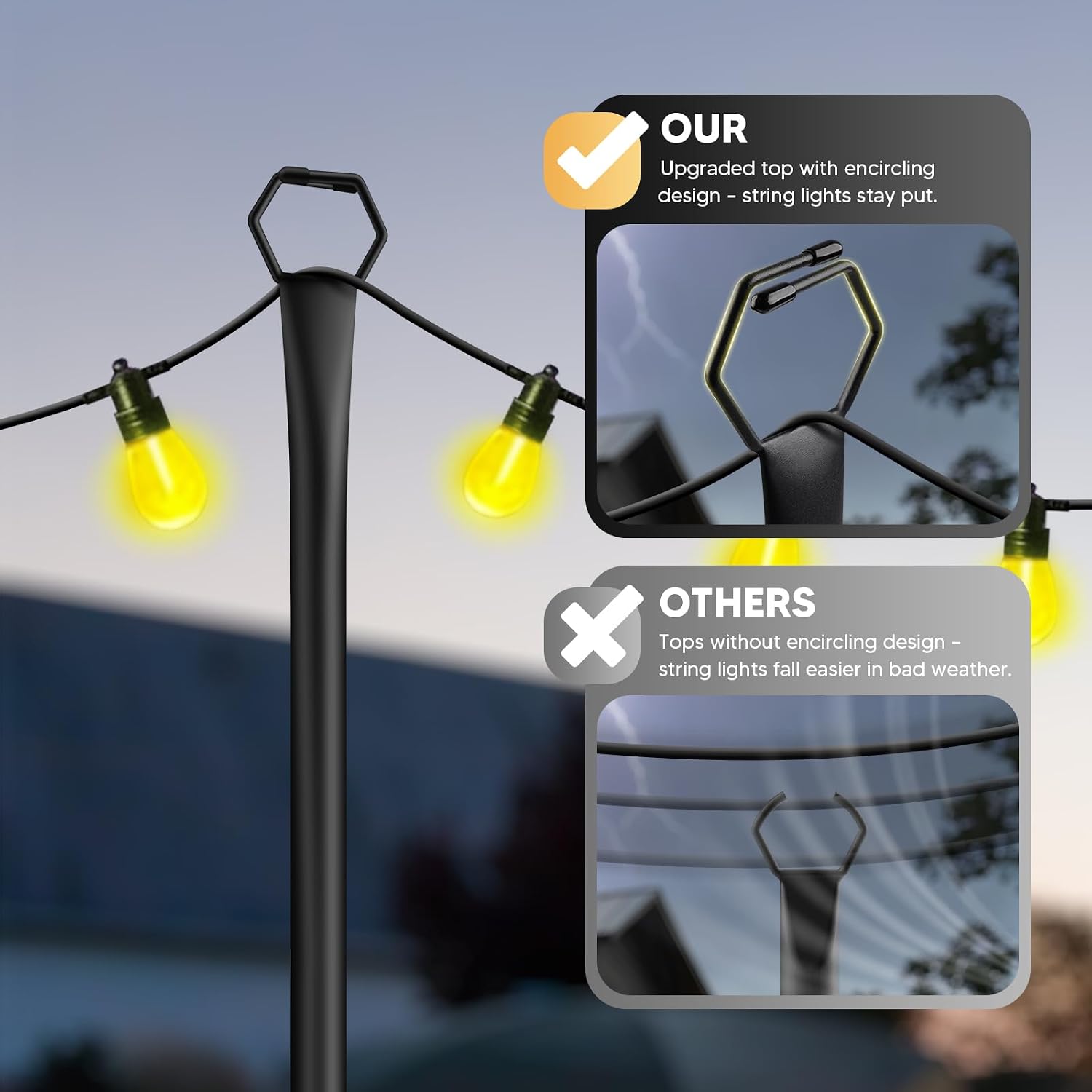 4 Pack String Light Poles for Outside, 10Ft Light Poles for Outdoor String Lights, Adjustable Outdoor String Light Poles with Fork,Metal Fence Post for Patio,Backyard,Deck