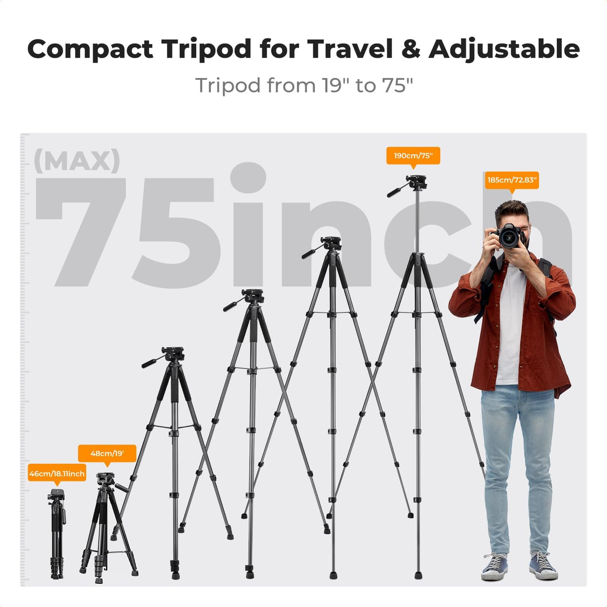 K&F CONCEPT 75" Aluminum Camera Tripod, Lightweight and Compact for Travel
