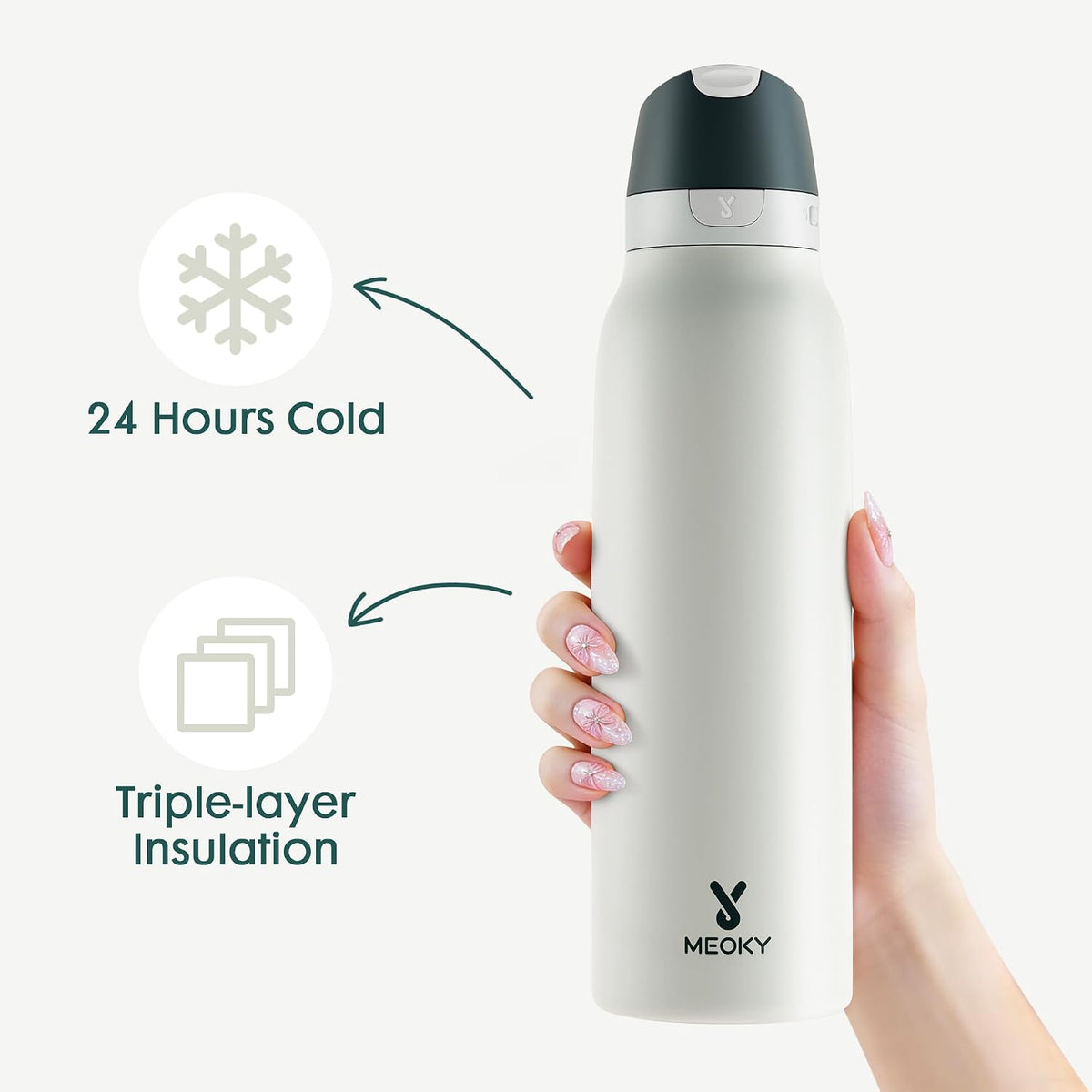Meoky 24 oz Travel Water Bottle Stainless Steel: 2-in-1 Locking Lid, Frost