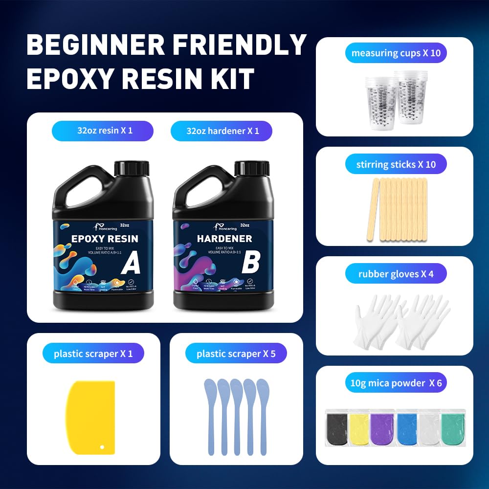 Honcaring Epoxy Resin 64OZ, Epoxy Resin Kit, Clear Resin Epoxy for Crafts, DIY Jewelry Making, Resin Mold, Mixing Ratio 1:1, Bubble Free & No Yellowing(32OZ×2)