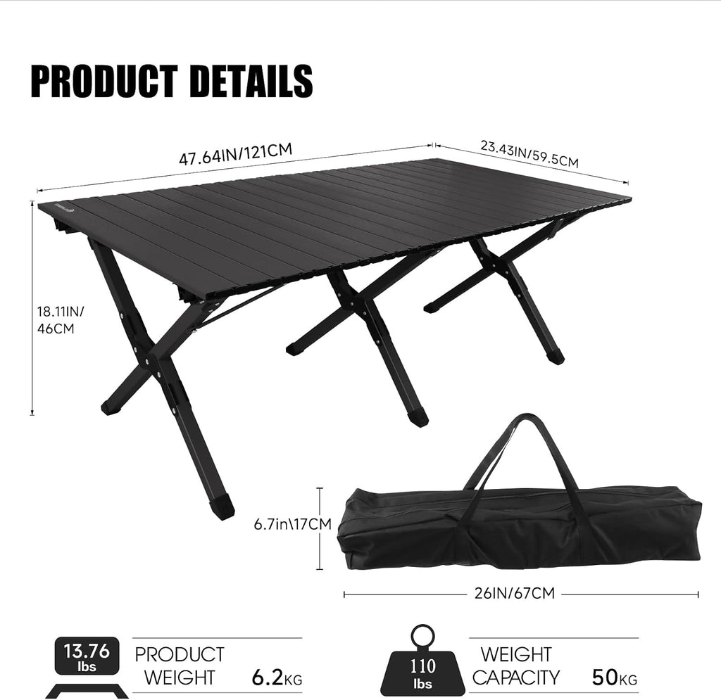 rollingsurfer Folding Camping Table, Lightweight Roll-Up Table Aluminum Low Portable Picnic Table with Easy Carrying Bag for Outdoor, Beach, Picnic, Backyards, BBQ and Party