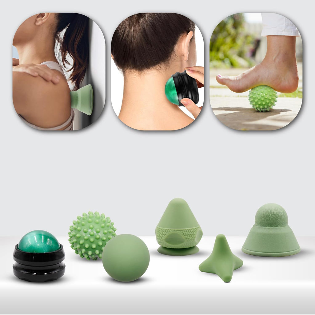 Physical Therapy Pain Relief Massage Ball Set for Trigger Point Release - Myofascial Release Tool & Deep Tissue Massage Set of 6 Pieces - Lacrosse, Spiky, Hand Roller & Mountable Self Massage Ball