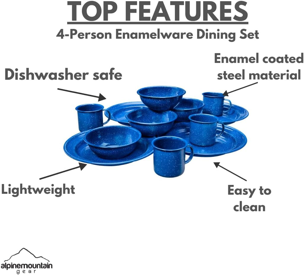 4-Person Enamelware Dining Set for Camping and Backpacking - Camping Gear Essentials for Camping and Backpacking by Caddis Sports