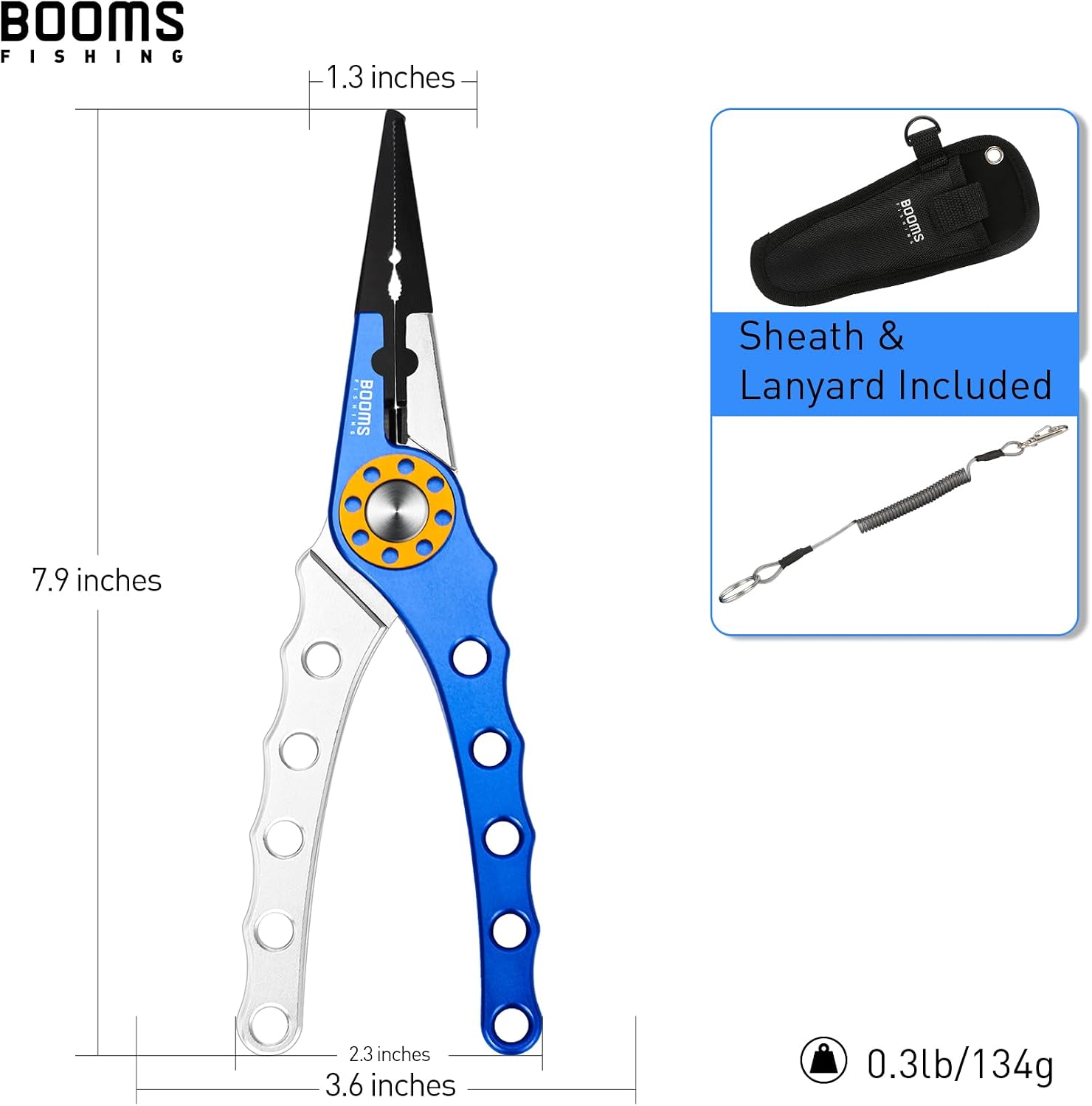 Booms Fishing X1 Aluminum Fishing Pliers Saltwater, Surf Fishing Tackle Kit, Fishing Multitool Hook Remover Braided Fishing Line Cutting and Split Ring with Coiled Lanyard and Sheath