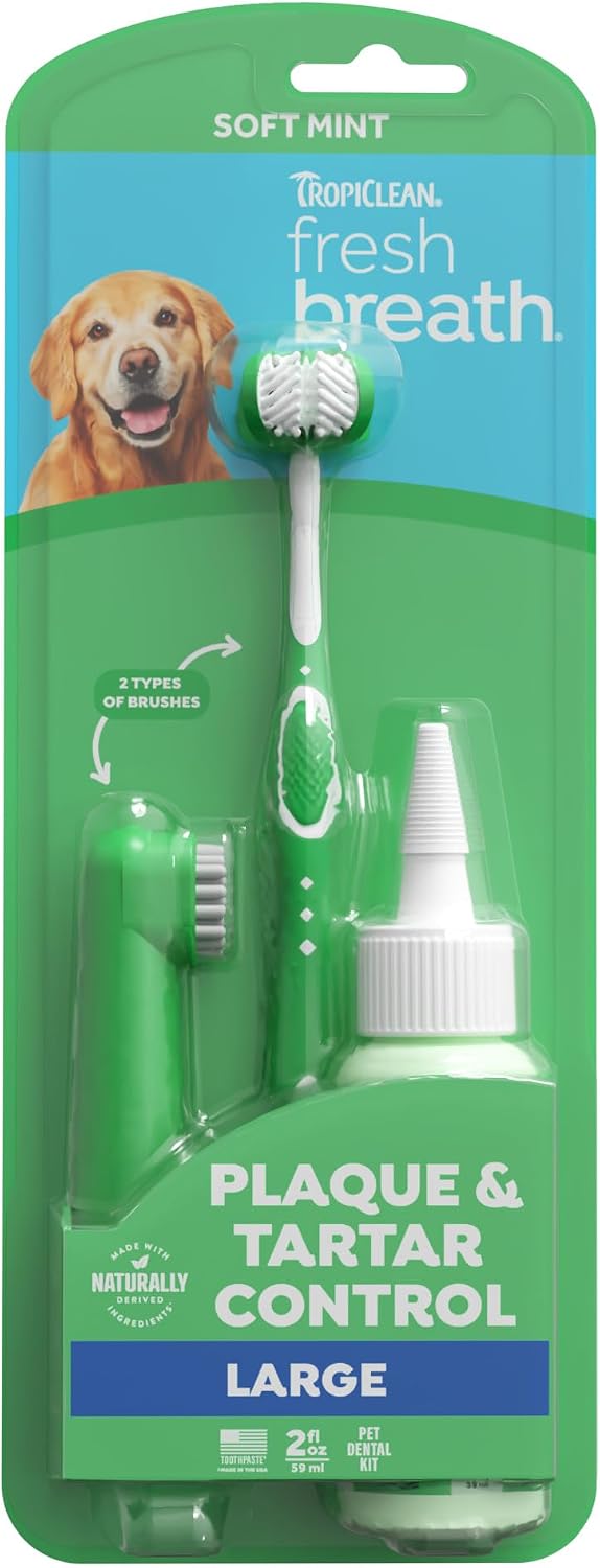 TropiClean Fresh Breath Dog Oral Care Kit | Complete Toothbrush and Toothpaste Set for Plaque & Tartar Control | Tooth Brushing Kit for Large Animals