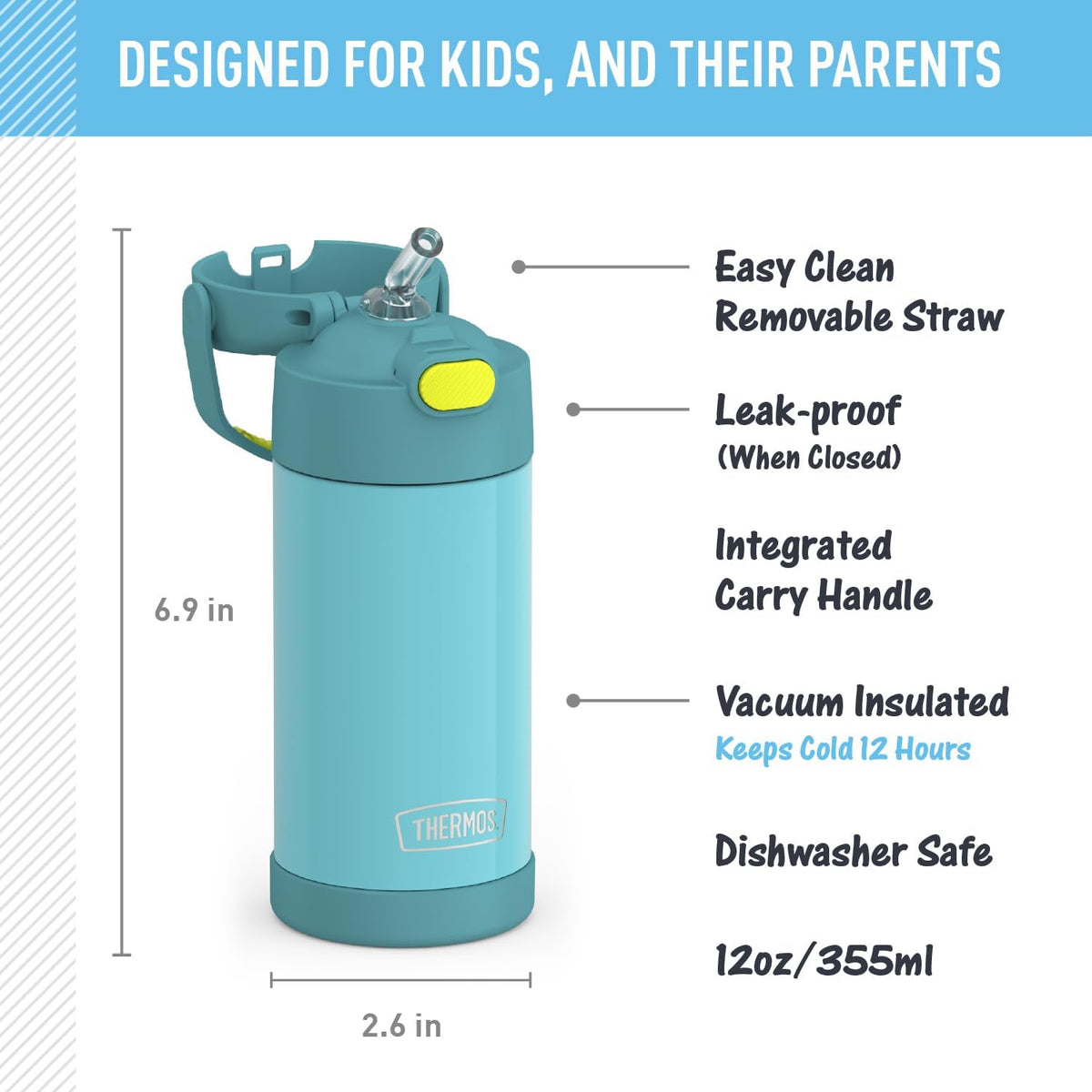 THERMOS FUNTAINER Water Bottle with Straw, 12oz, Blue/Green